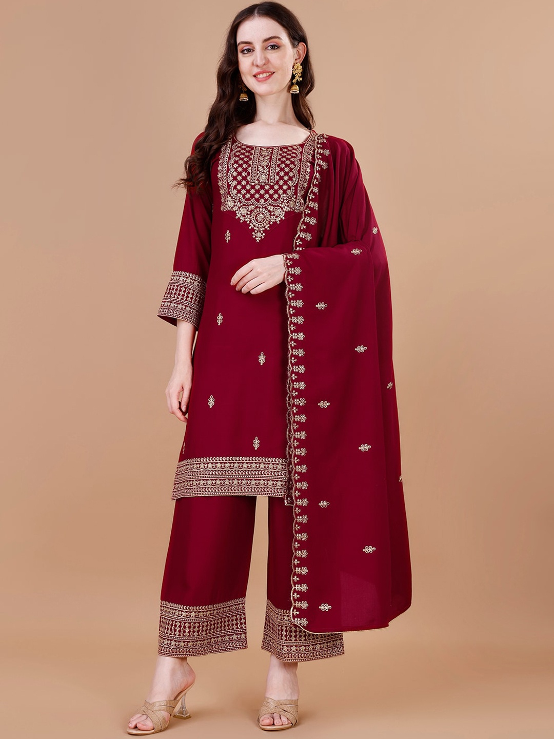 

KALINI Ethnic Motifs Embroidered Regular Kurta & Palazzos With Dupatta, Maroon