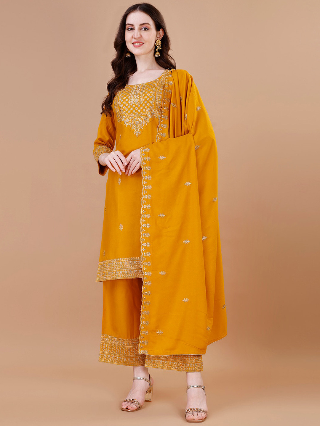 

KALINI Ethnic Motifs Sequinned Embroidered Regular Kurta With Palazzos & Dupatta, Yellow
