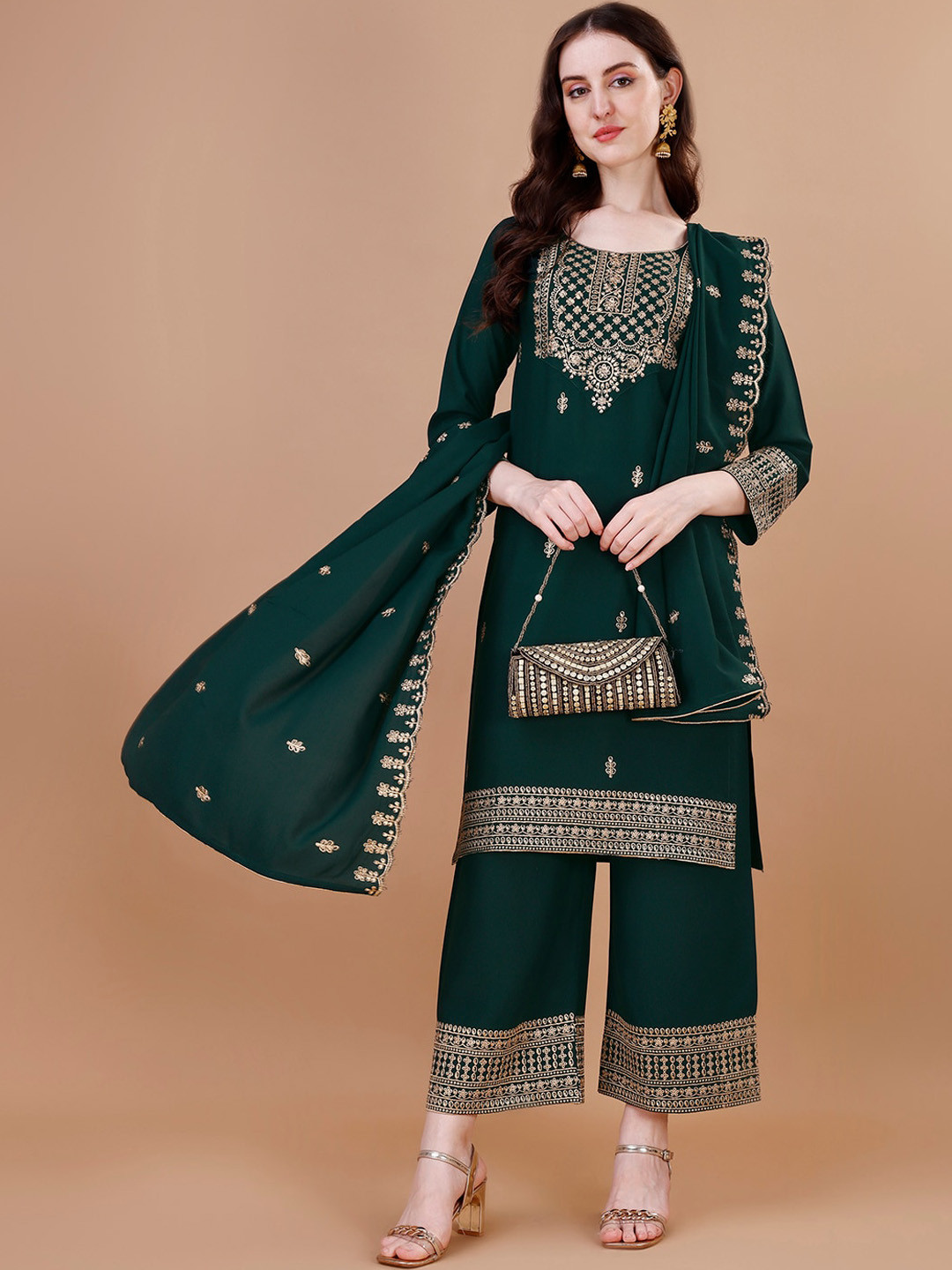

KALINI Ethnic Motifs Embroidered Thread Work Kurta With Trousers & Dupatta, Green