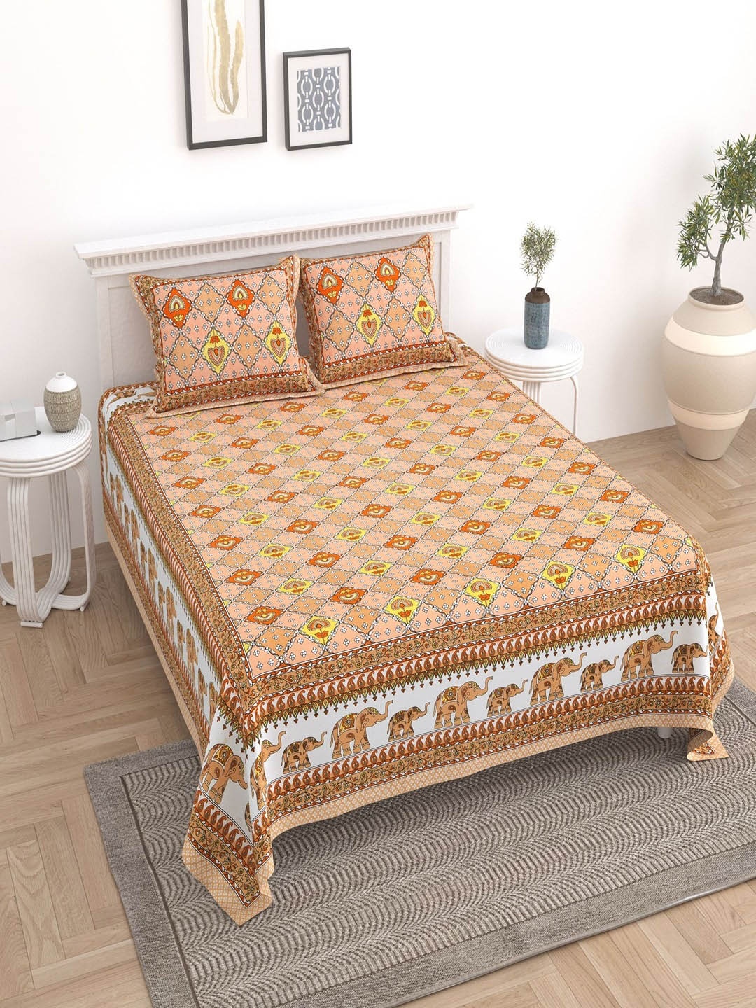 

UNIQCHOICE Beige & White Ethnic Motifs Cotton 180 TC King Bedsheet With 2 Pillow Covers