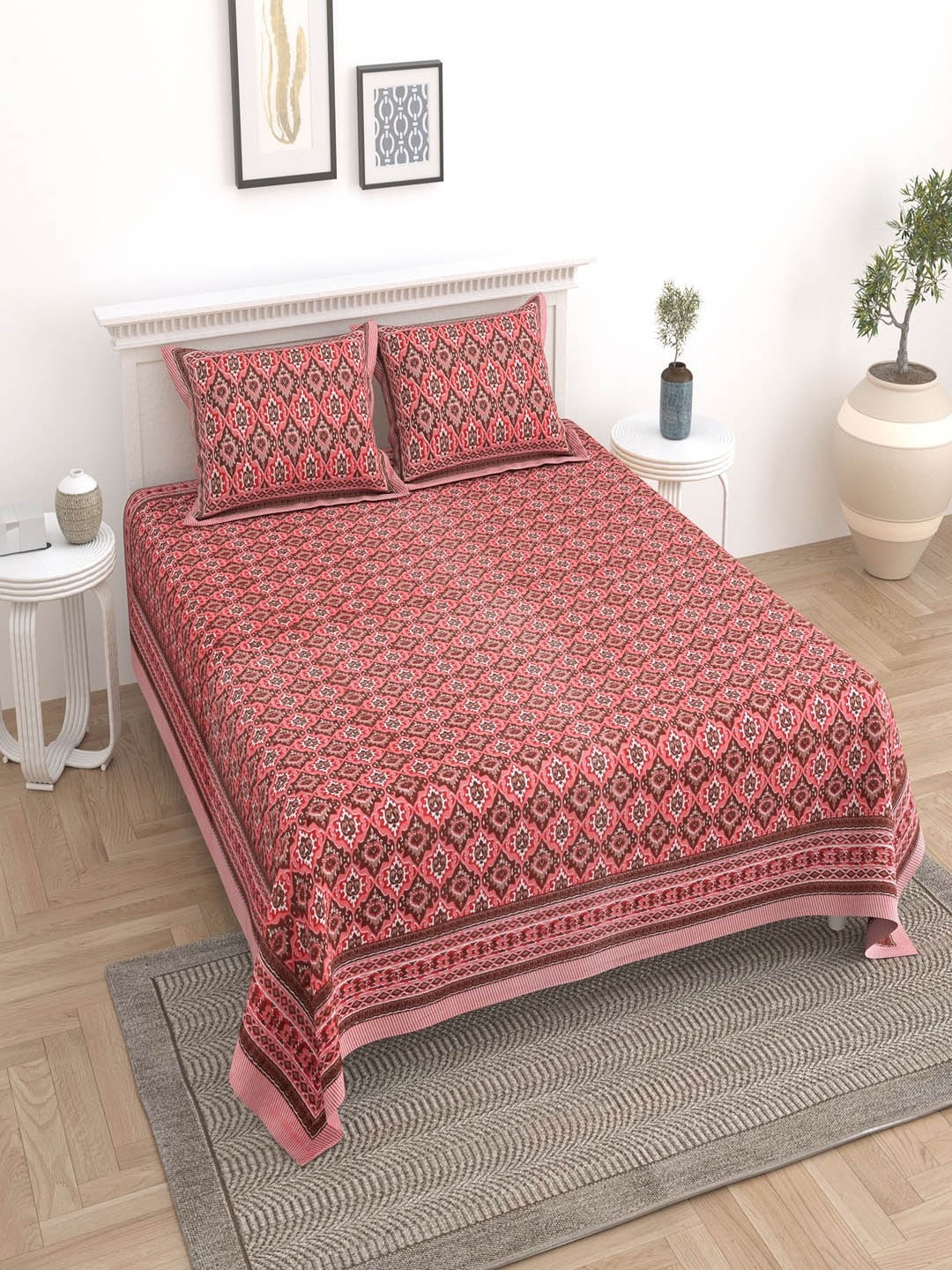 

UNIQCHOICE Peach Ethnic Motifs Pure Cotton 180 TC King Bedsheet with 2 Pillow Covers