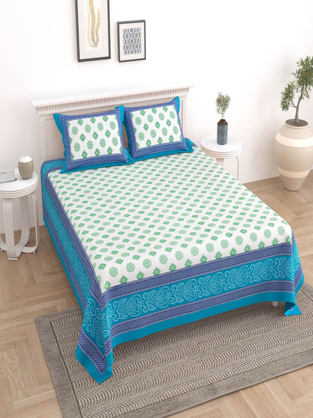 

UNIQCHOICE Turquoise Blue Ethnic Motifs Cotton 180 TC King Bedsheet & 2 Pillow Covers