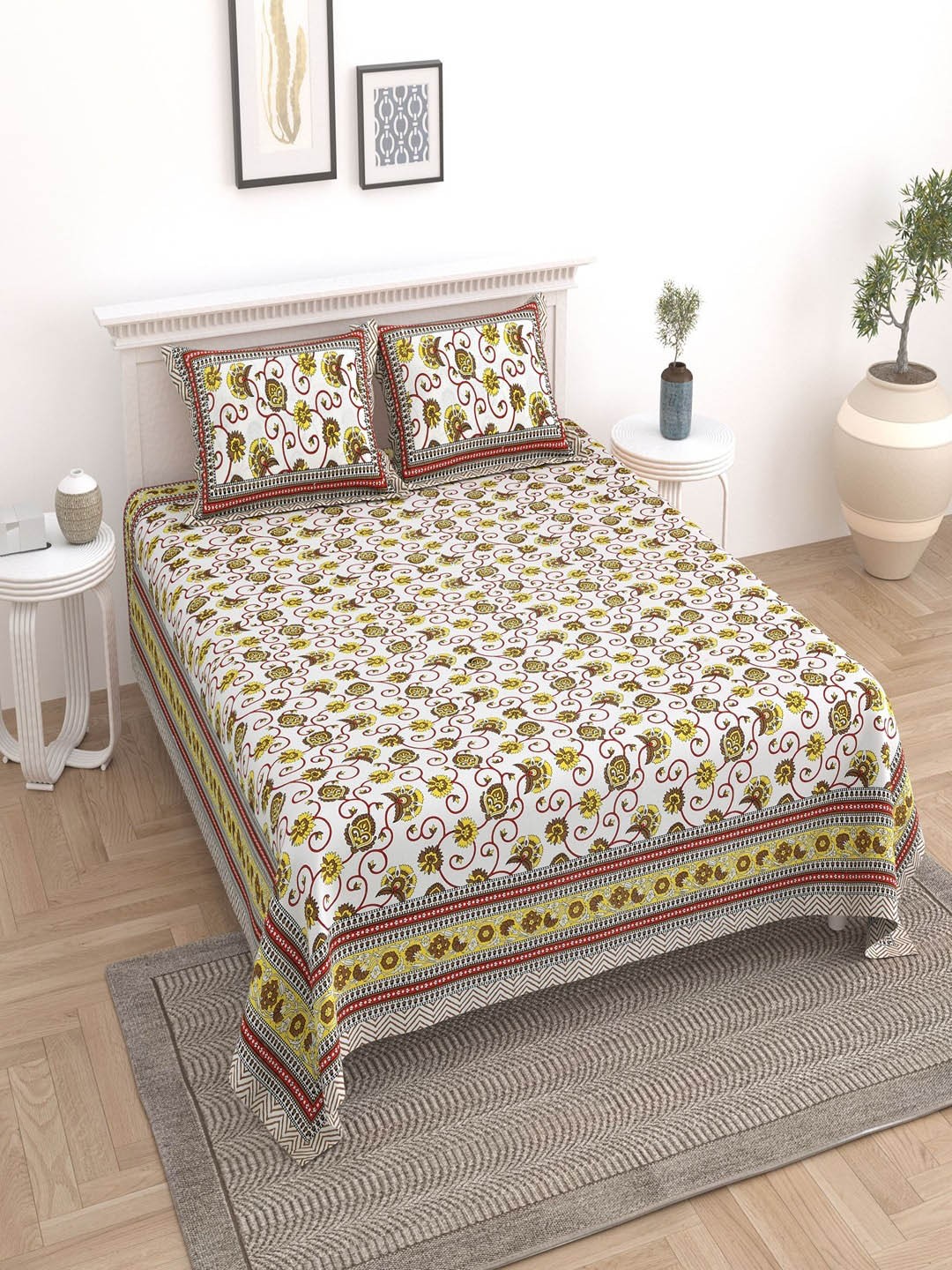 

UNIQCHOICE White & Beige Floral Cotton 180 TC King Bedsheet With 2 Pillow Covers