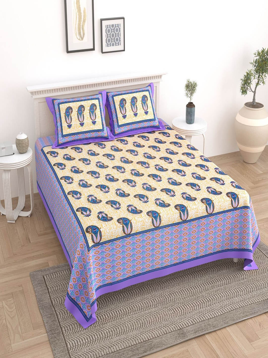 

UNIQCHOICE Purple & Yellow Floral Cotton 180 TC King Bedsheet With 2 Pillow Covers