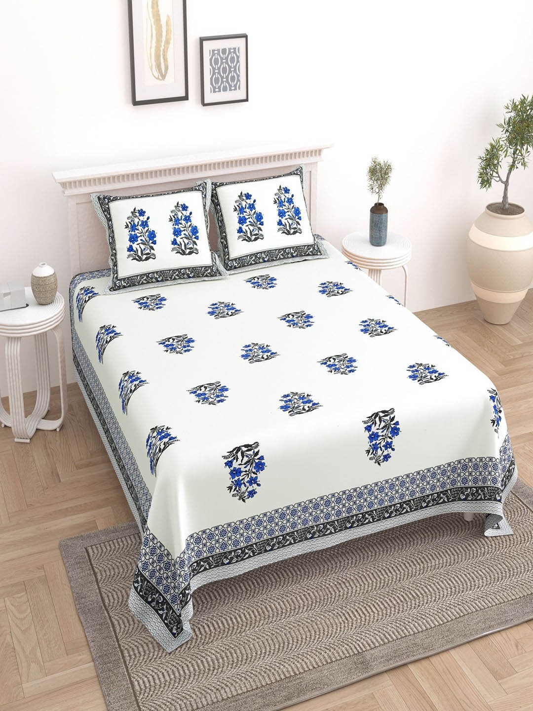 

UNIQCHOICE White & Grey Floral Cotton 180 TC King Bedsheet With 2 Pillow Covers