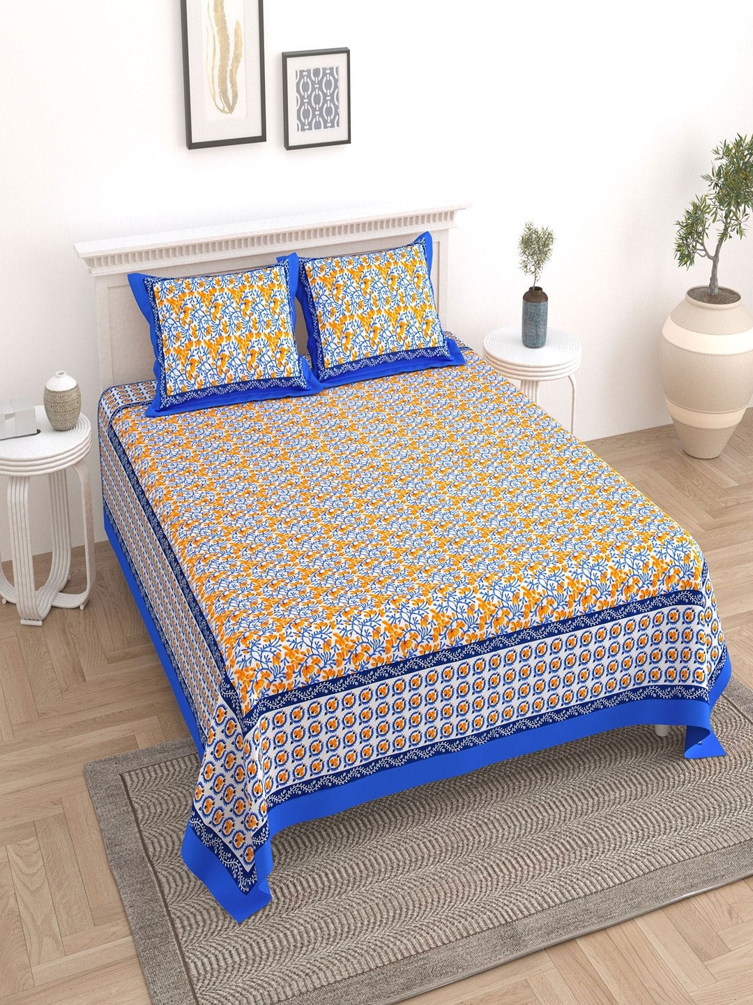 

UNIQCHOICE Blue & Yellow Pure Cotton 180 TC King Bedsheet with 2 Pillow Covers