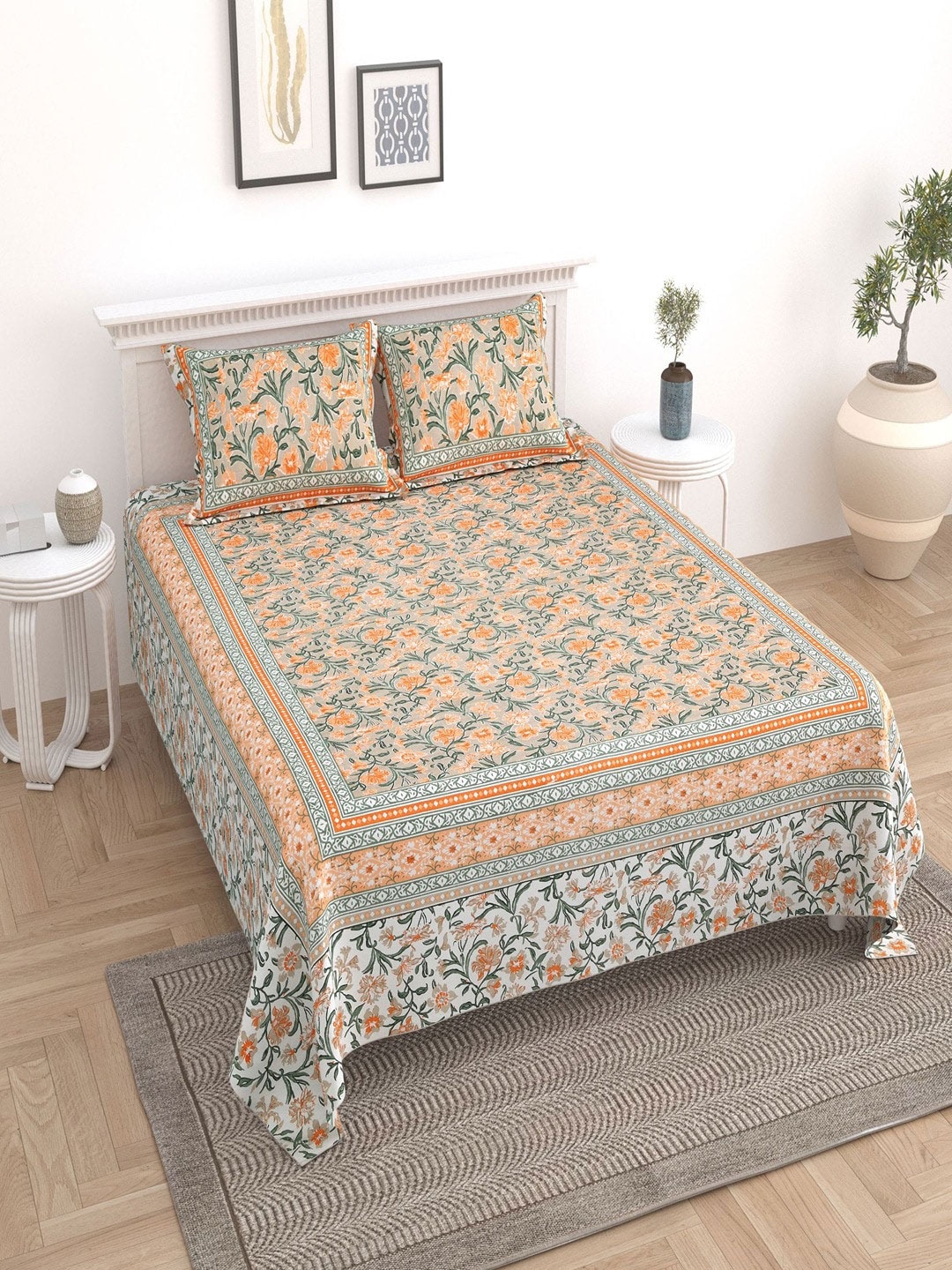UNIQCHOICE Brown & Orange Floral Pure Cotton 180 TC King Bedsheet with 2 Pillow Covers