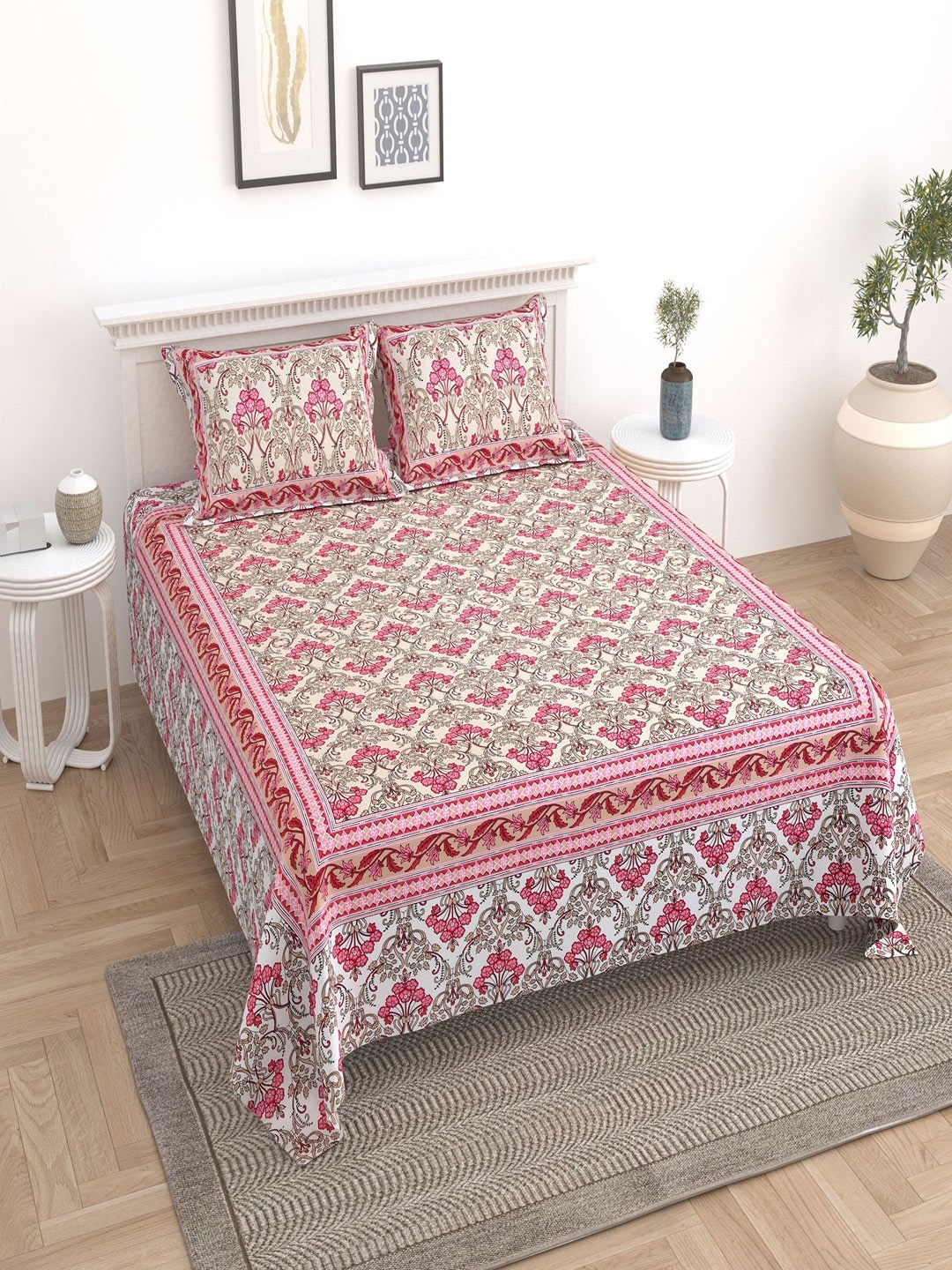 

UNIQCHOICE Pink & White Floral Pure Cotton 180 TC King Bedsheet with 2 Pillow Covers