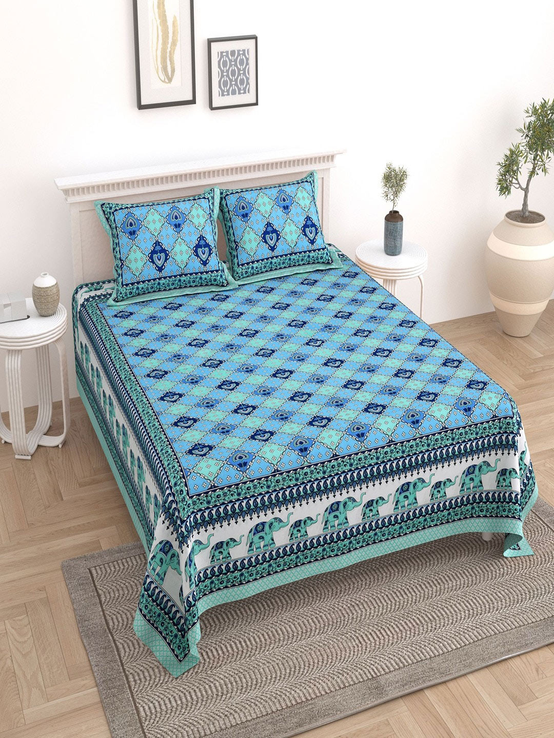 

UNIQCHOICE Blue & Green Floral Pure Cotton 180 TC King Bedsheet with 2 Pillow Covers