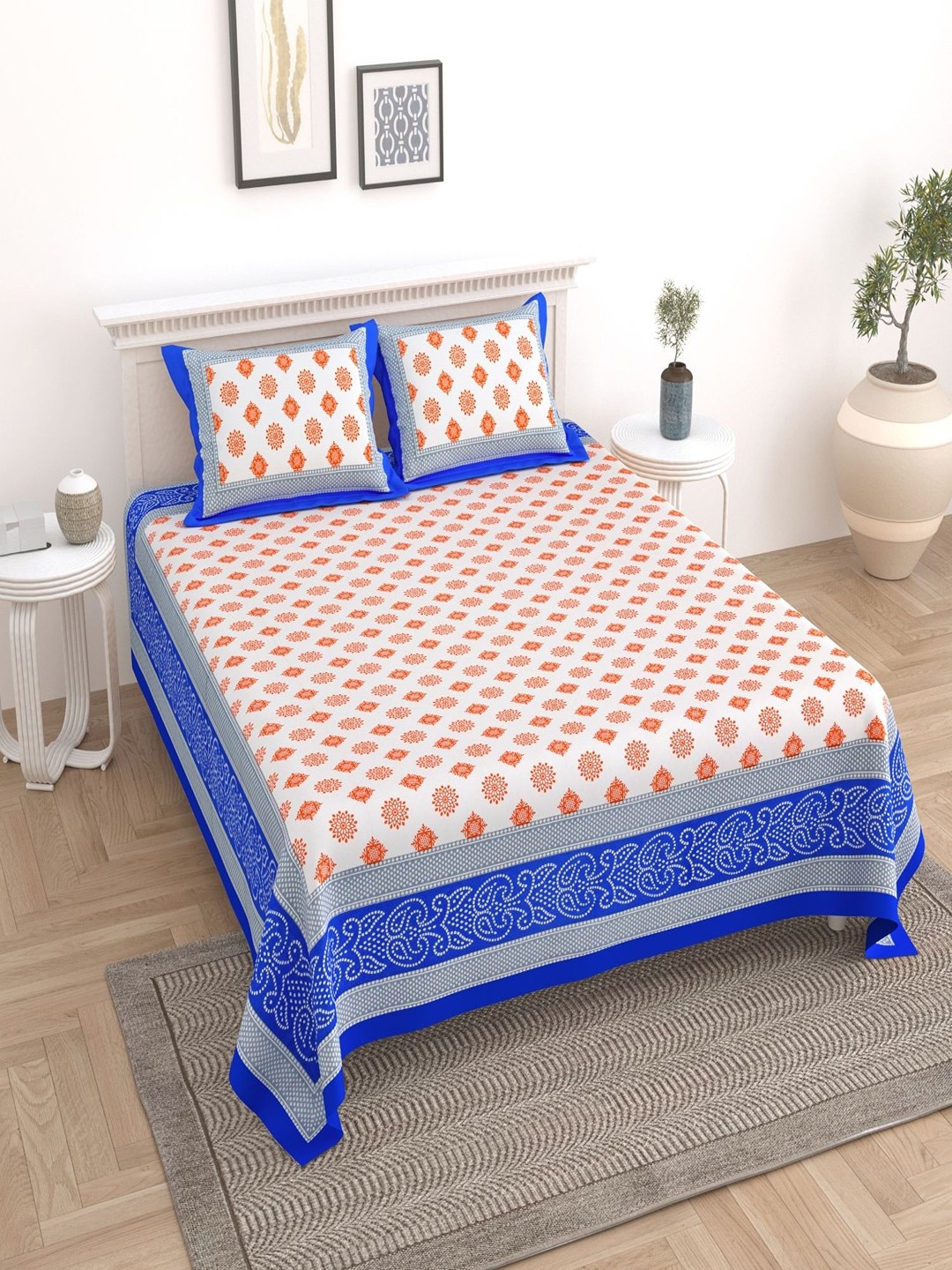 

UNIQCHOICE White & Blue Ethnic Motif Pure Cotton 180 TC King Bedsheet with 2 Pillow Covers