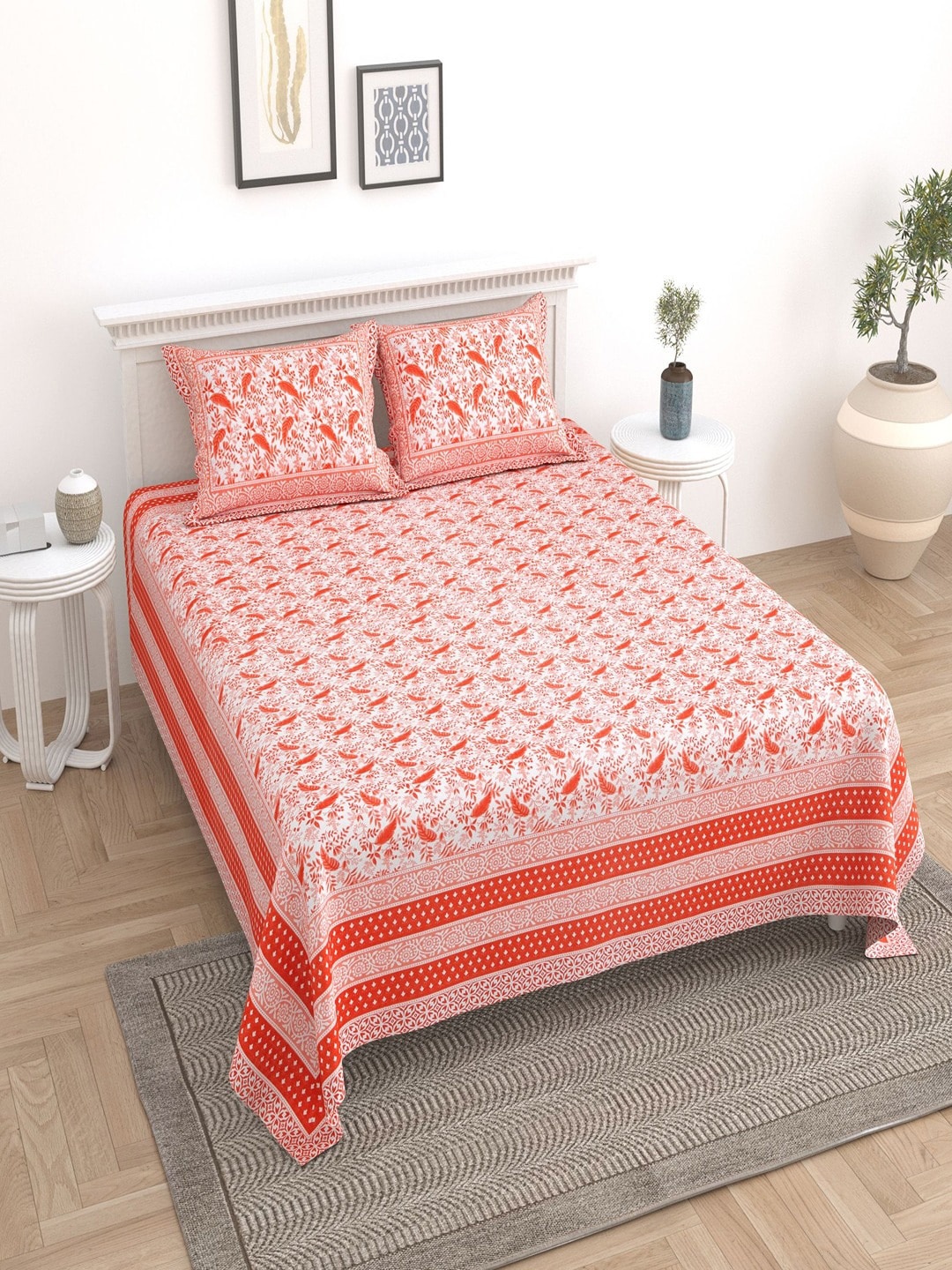 

UNIQCHOICE Peach-Coloured Floral Pure Cotton 180 TC King Bedsheet with 2 Pillow Covers