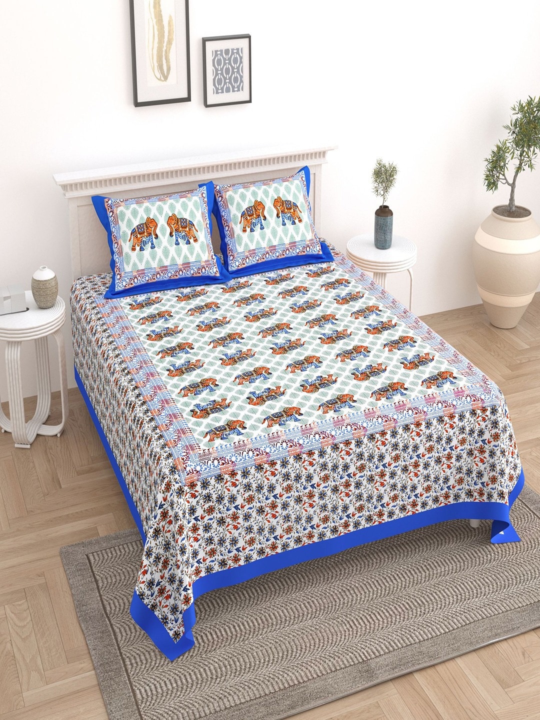 

UNIQCHOICE White & Blue Ethnic Motif Pure Cotton 180 TC King Bedsheet with 2 Pillow Covers