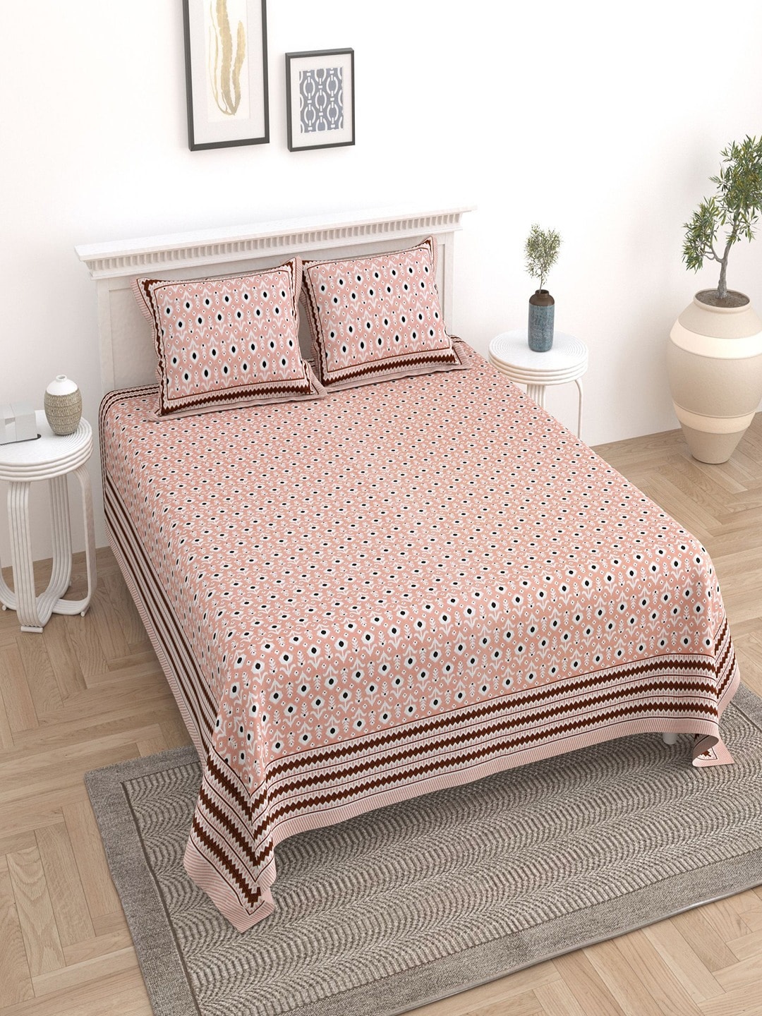 

UNIQCHOICE Peach-Coloured Floral Pure Cotton 180 TC King Bedsheet with 2 Pillow Covers