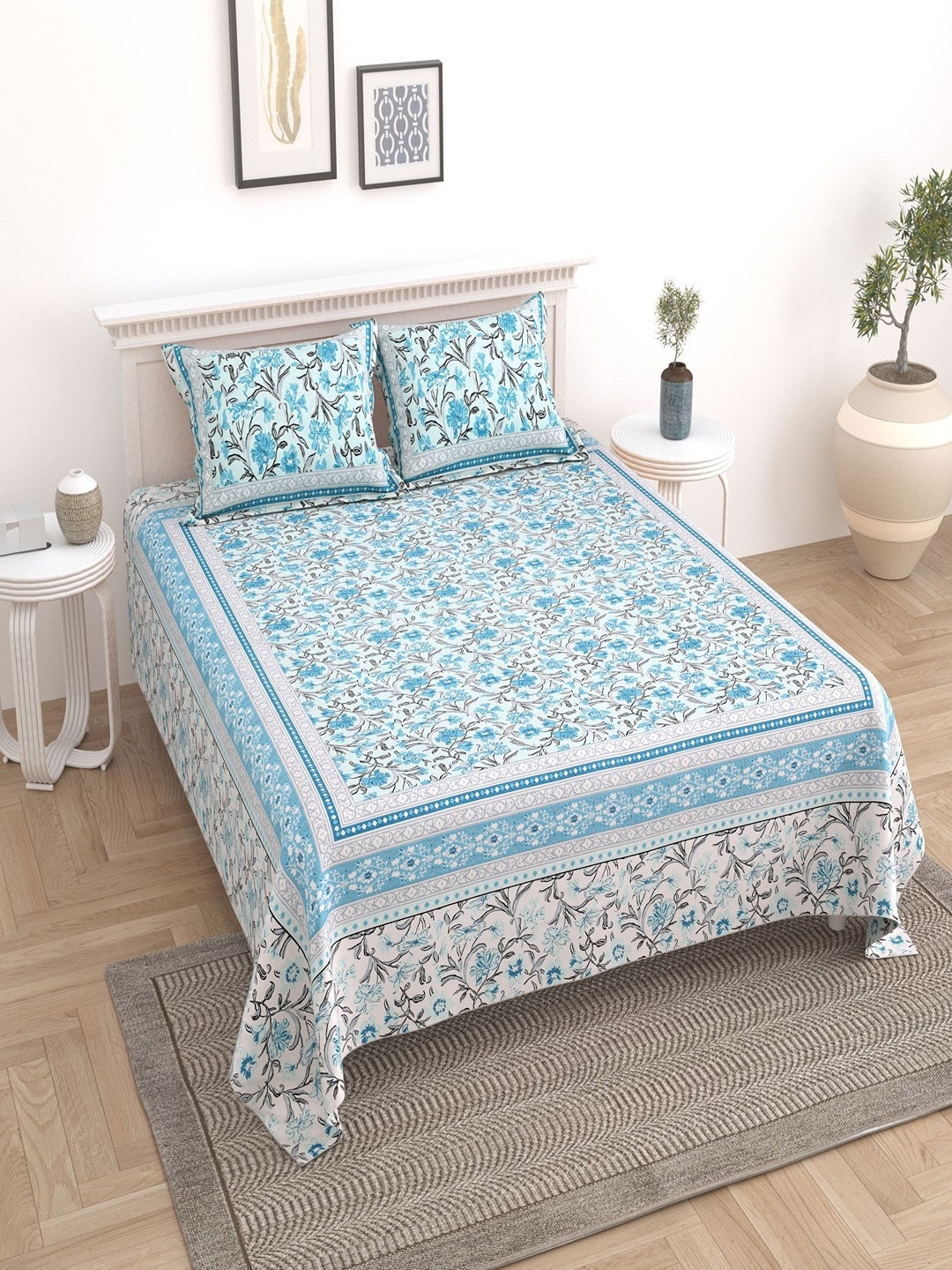 

UNIQCHOICE Blue & Grey Floral Pure Cotton 180 TC King Bedsheet With 2 Pillow Covers