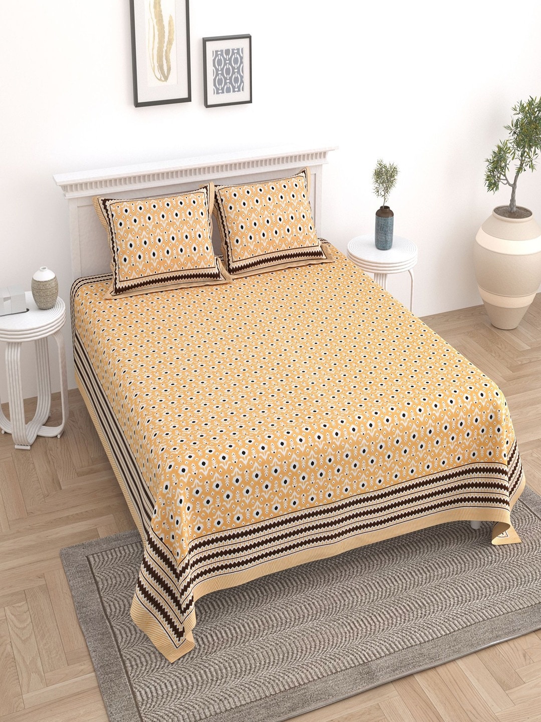 

UNIQCHOICE Yellow & White Ethnic Motifs Pure Cotton 180 TC King Bedsheet & 2 Pillow Covers