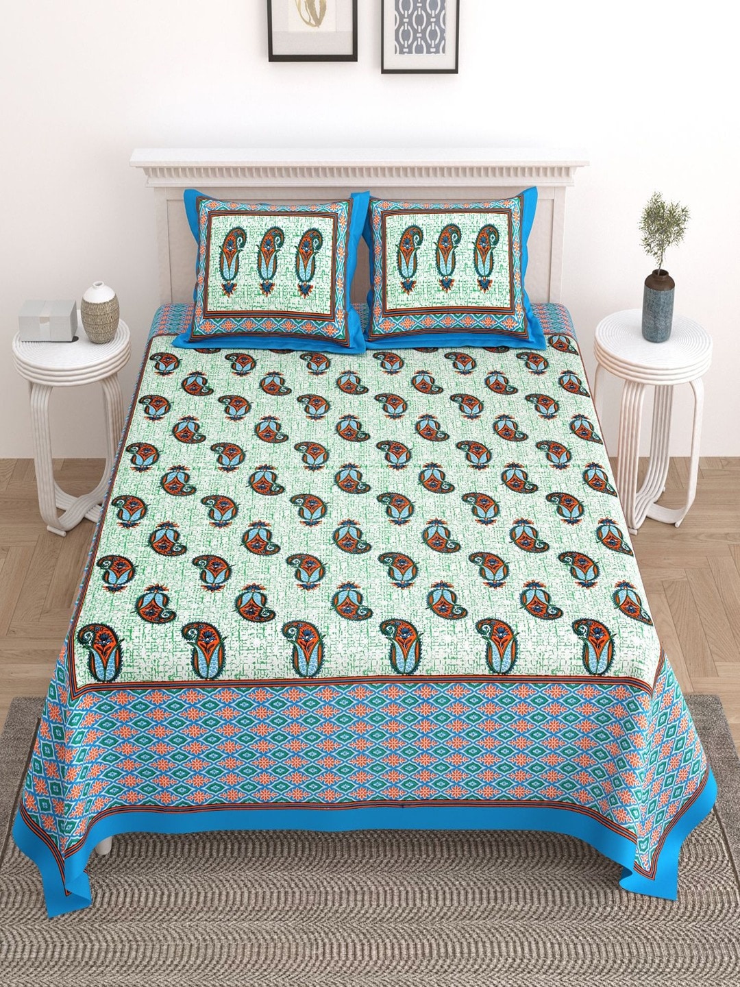 

UNIQCHOICE Turquoise Blue & Green Floral Cotton 180 TC King Bedsheet With 2 Pillow Covers