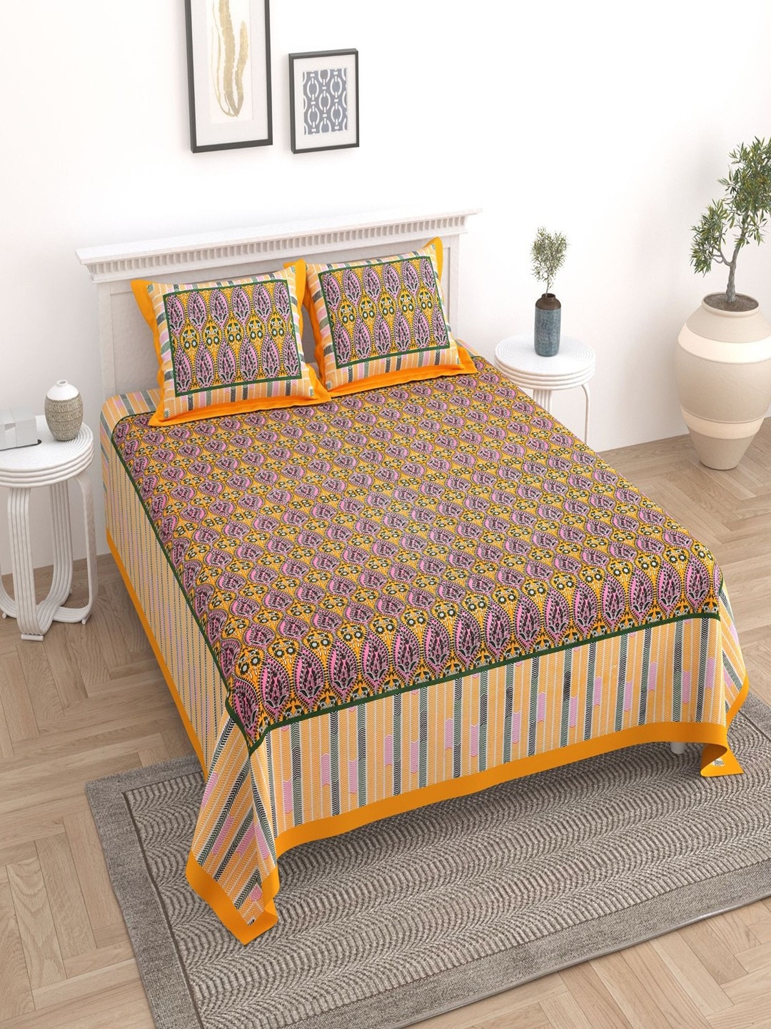 

UNIQCHOICE Yellow & Pink Ethnic Motifs Cotton 180 TC King Bedsheet With 2 Pillow Covers