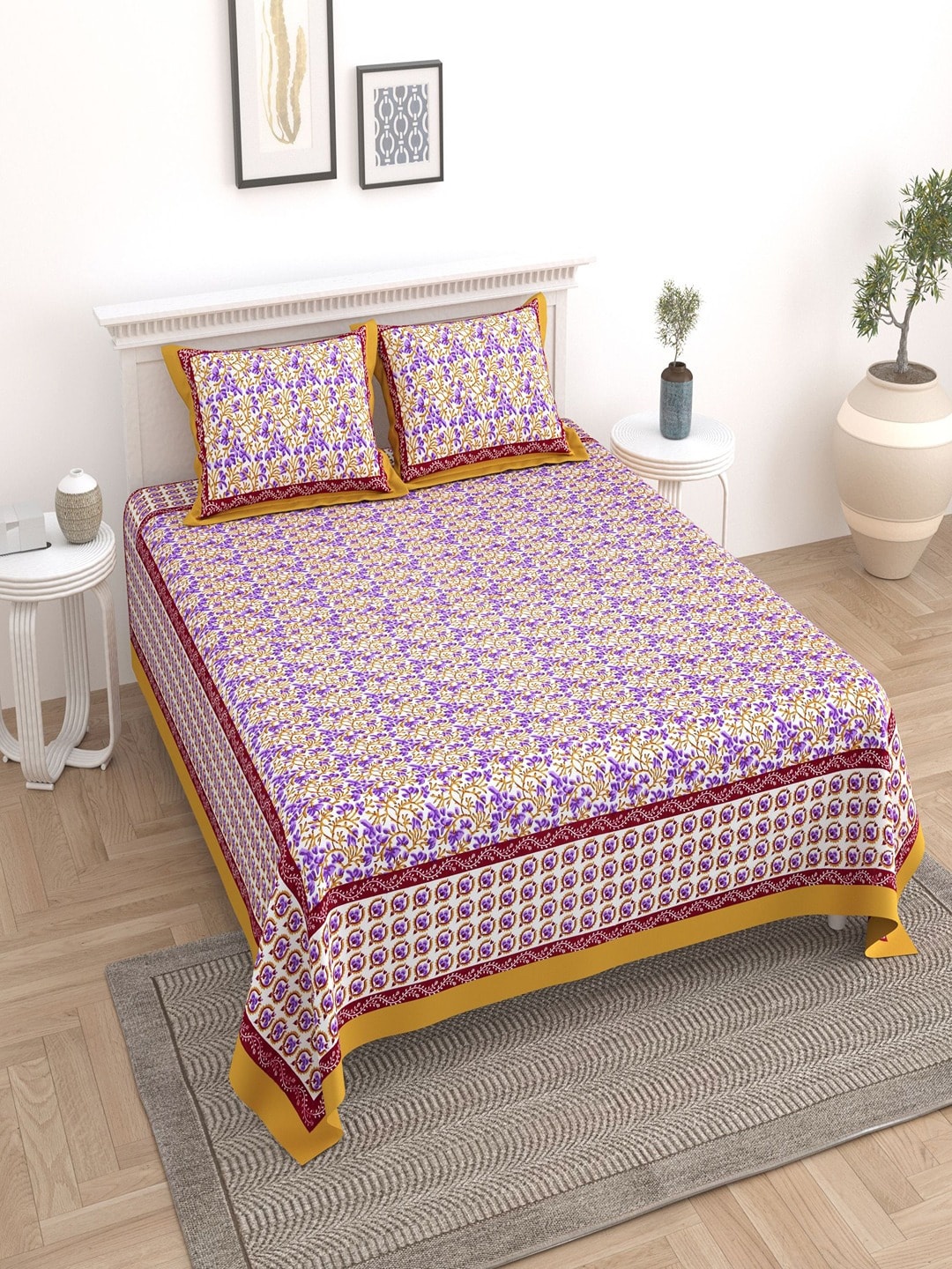 

UNIQCHOICE Brown & Purple Floral Pure Cotton 180 TC King Bedsheet with 2 Pillow Covers