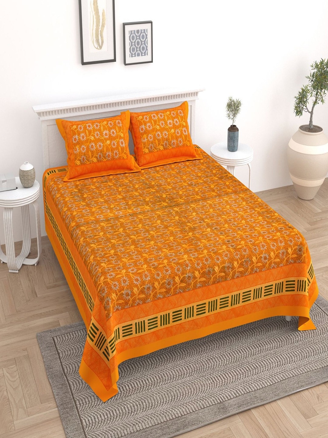 

UNIQCHOICE Yellow & White Floral Pure Cotton 180 TC King Bedsheet with 2 Pillow Covers
