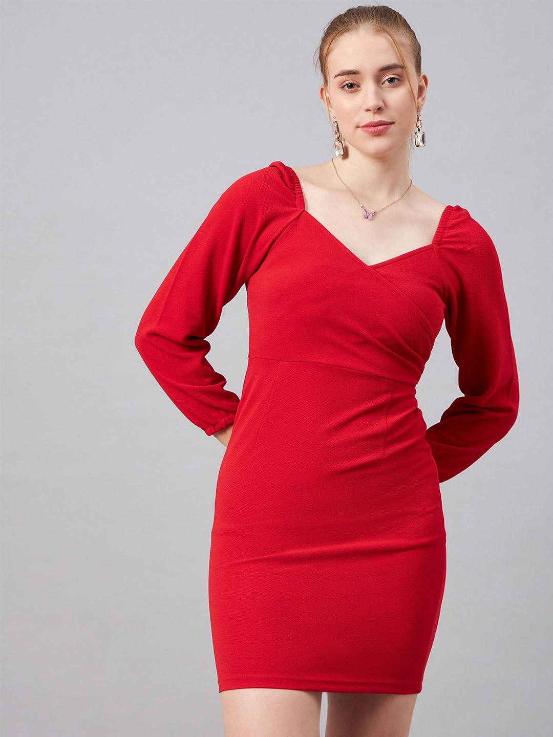 

Chemistry Red V Neck Puff Sleeve Bodycon Dress