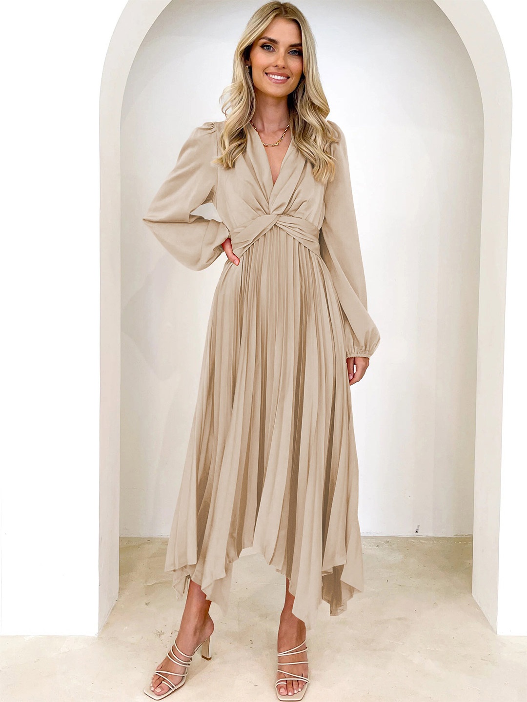 

StyleCast V-Neck Puff Sleeves Gathered Maxi Dress, Beige