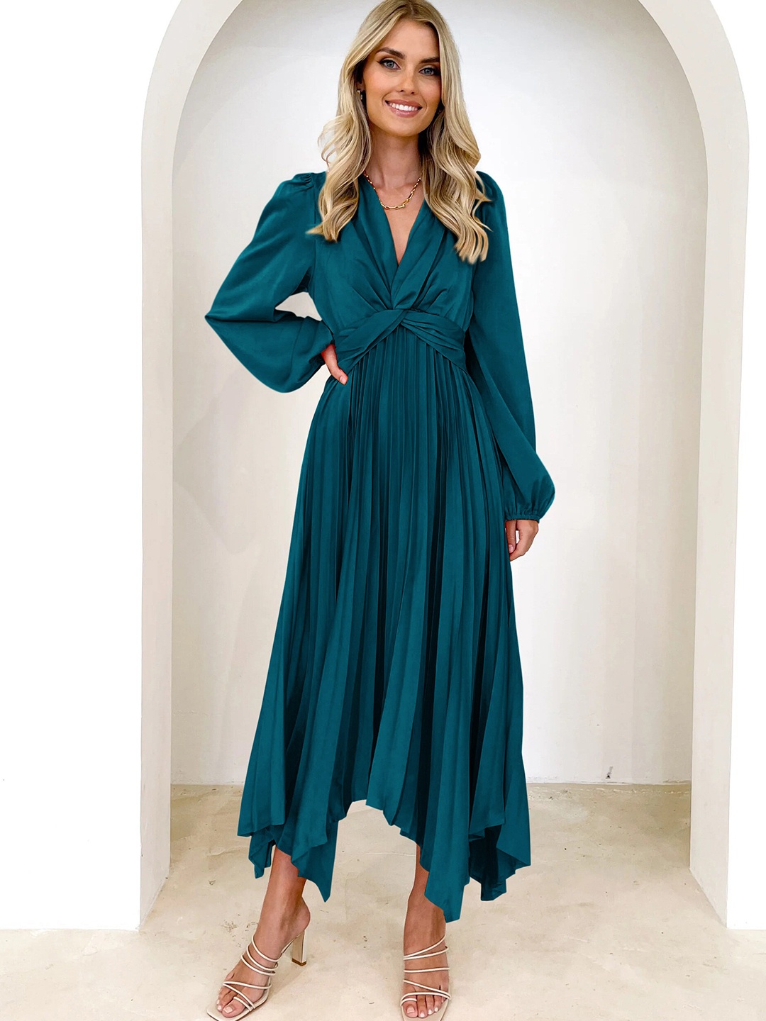 

StyleCast Blue V-Neck Puff Sleeve Gathered Accordion Pleated A-Line Midi Dress