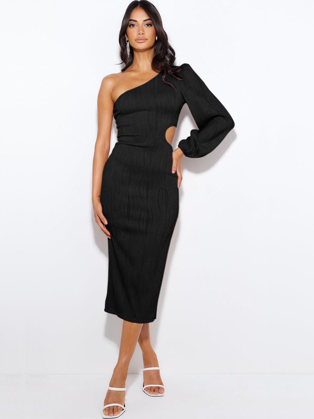 

StyleCast Black Self Design One Shoulder Cut-Out Detailed Sheath Midi Dress