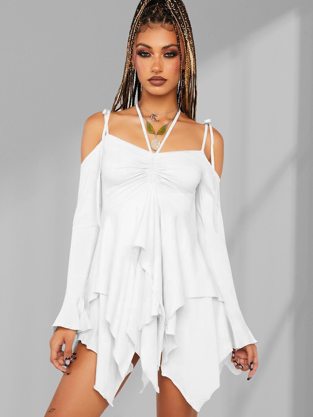 

StyleCast White Shoulder Straps Cold-Shoulder Tie-Ups A-Line Mini Dress