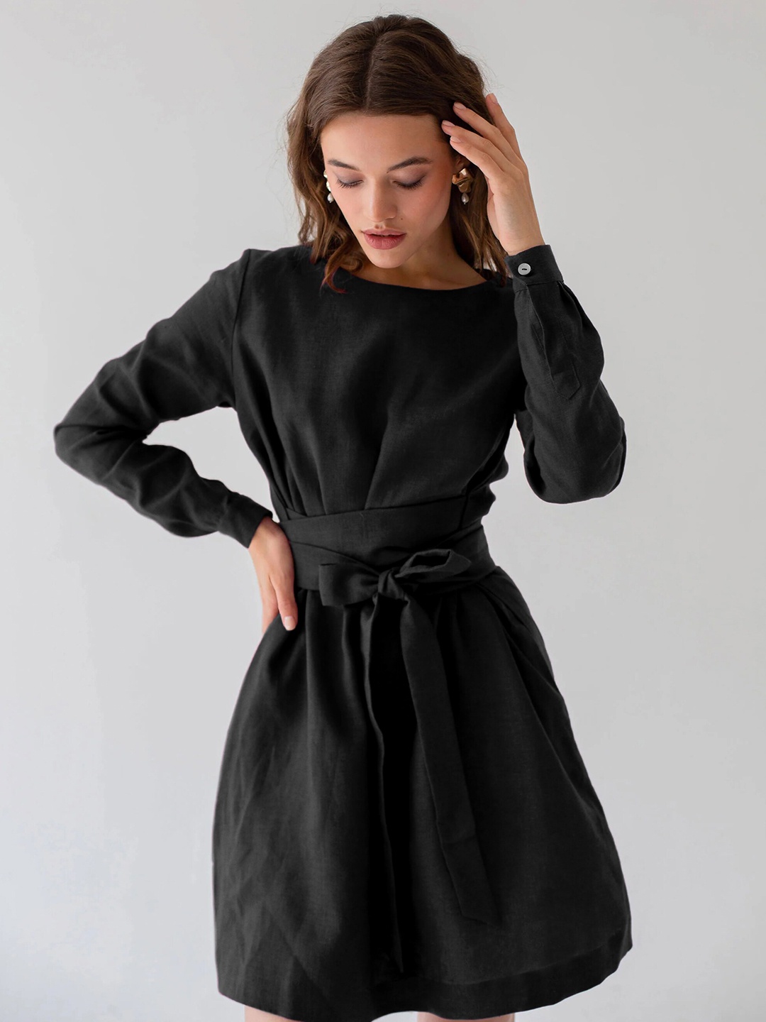 

StyleCast Black Belt Detailed Cuffed Sleeves Fit & Flare Dress