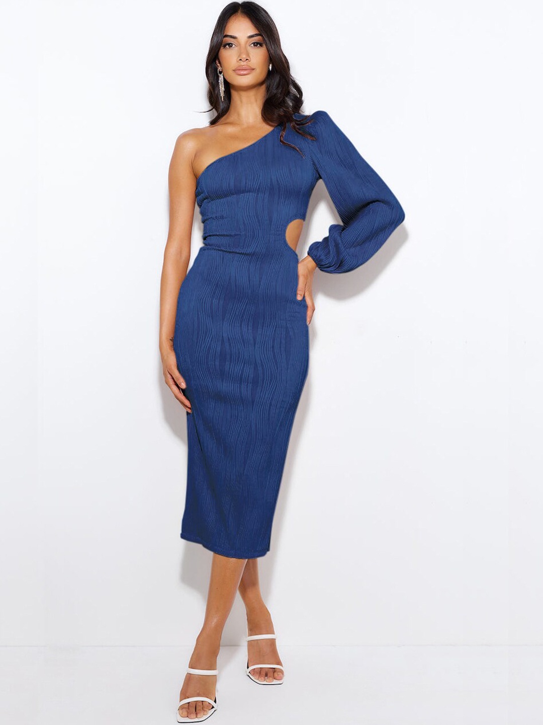 

StyleCast Blue Cut-Out Detailed One Shoulder Puff Sleeves Sheath Midi Dress