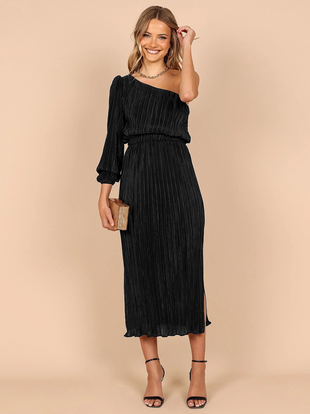 

StyleCast Black Sriped One-Shoulder Neck Puff Sleeve Blouson Midi Dress