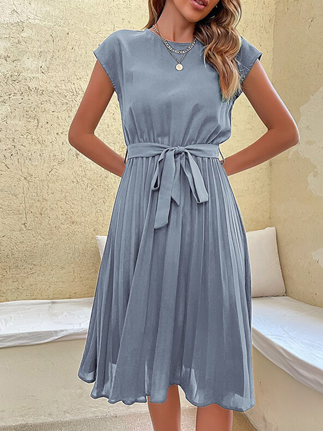 

StyleCast Blue Extended Sleeve Gathered Or Pleated Fit & Flare Midi Dress