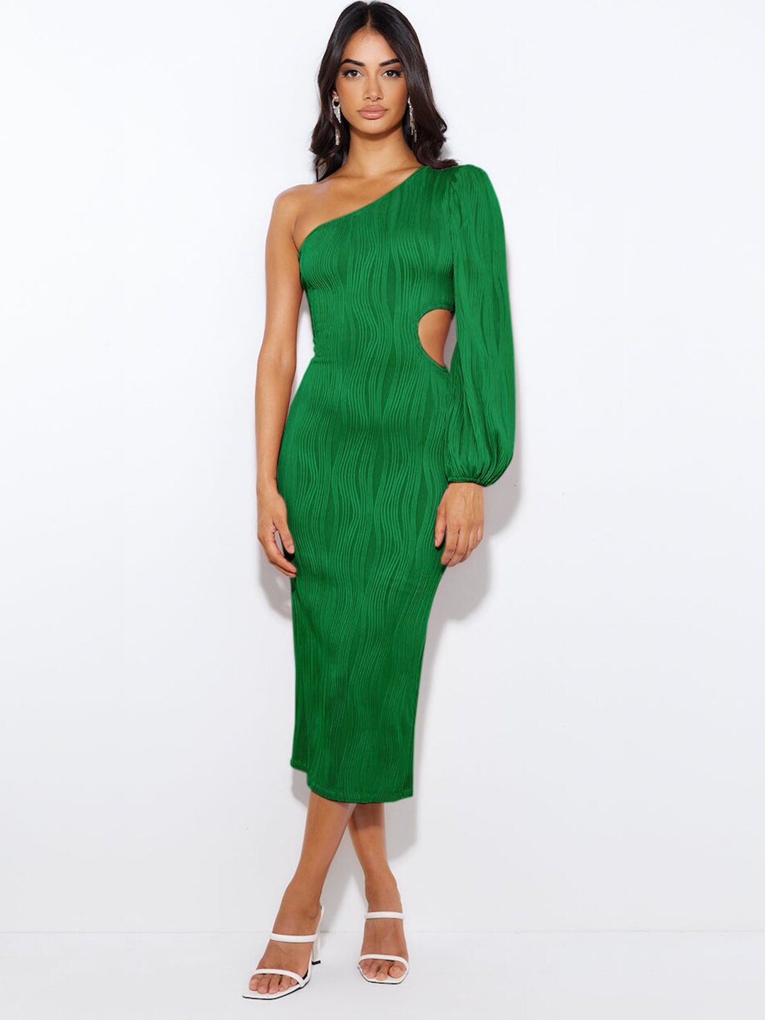 

StyleCast Green Self Design One Shoulder Puff Sleeve Cut Out Detail Sheath Midi Dress