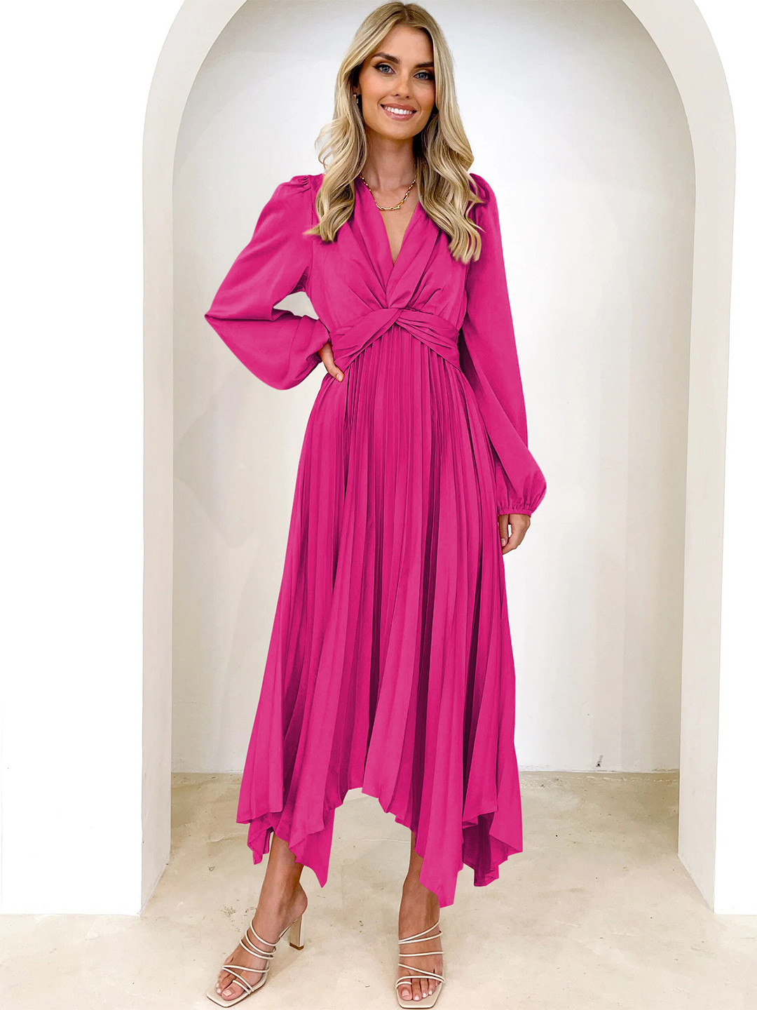 

StyleCast Fuchsia V-Neck Puff Sleeve Pleated Fit & Flare Midi Dress