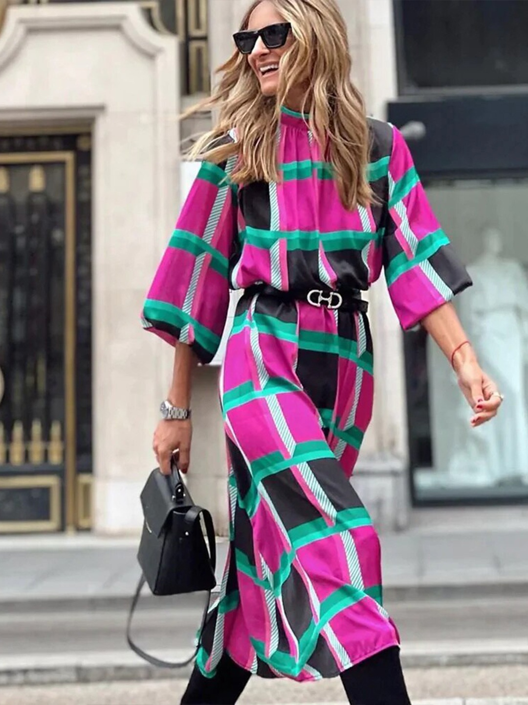 

StyleCast Purple Geometric Printed A-Line Midi Dress