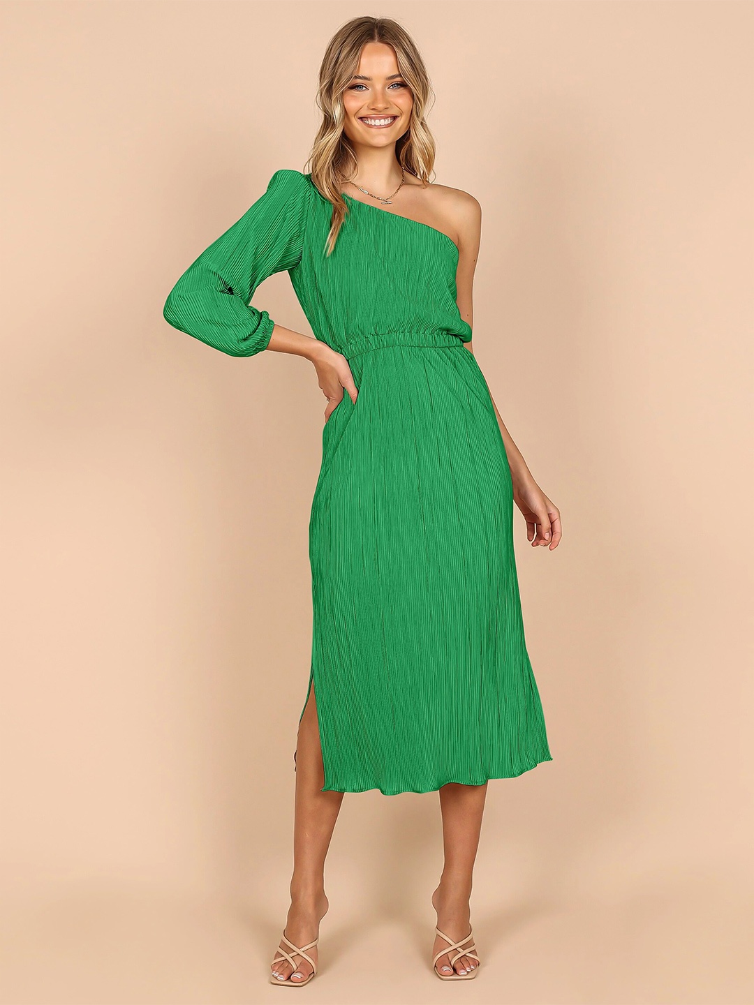 

StyleCast Green One Shoulder Puff Sleeve Sheath Dress