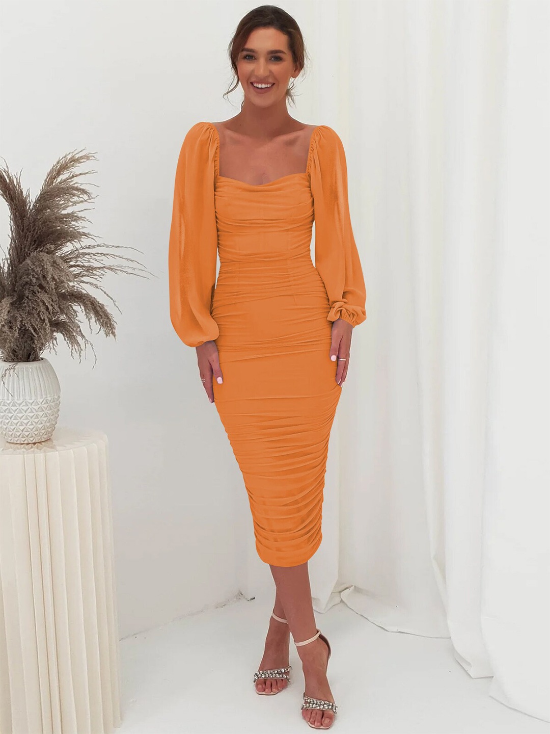 

StyleCast Orange Square Neck Puff Sleeve Gathered Detail Sheath Dress