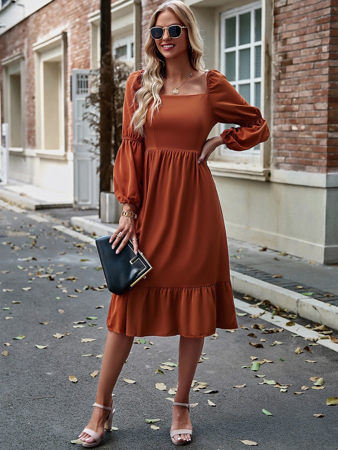 

StyleCast Orange Square Neck Puff Sleeve A-Line Dress