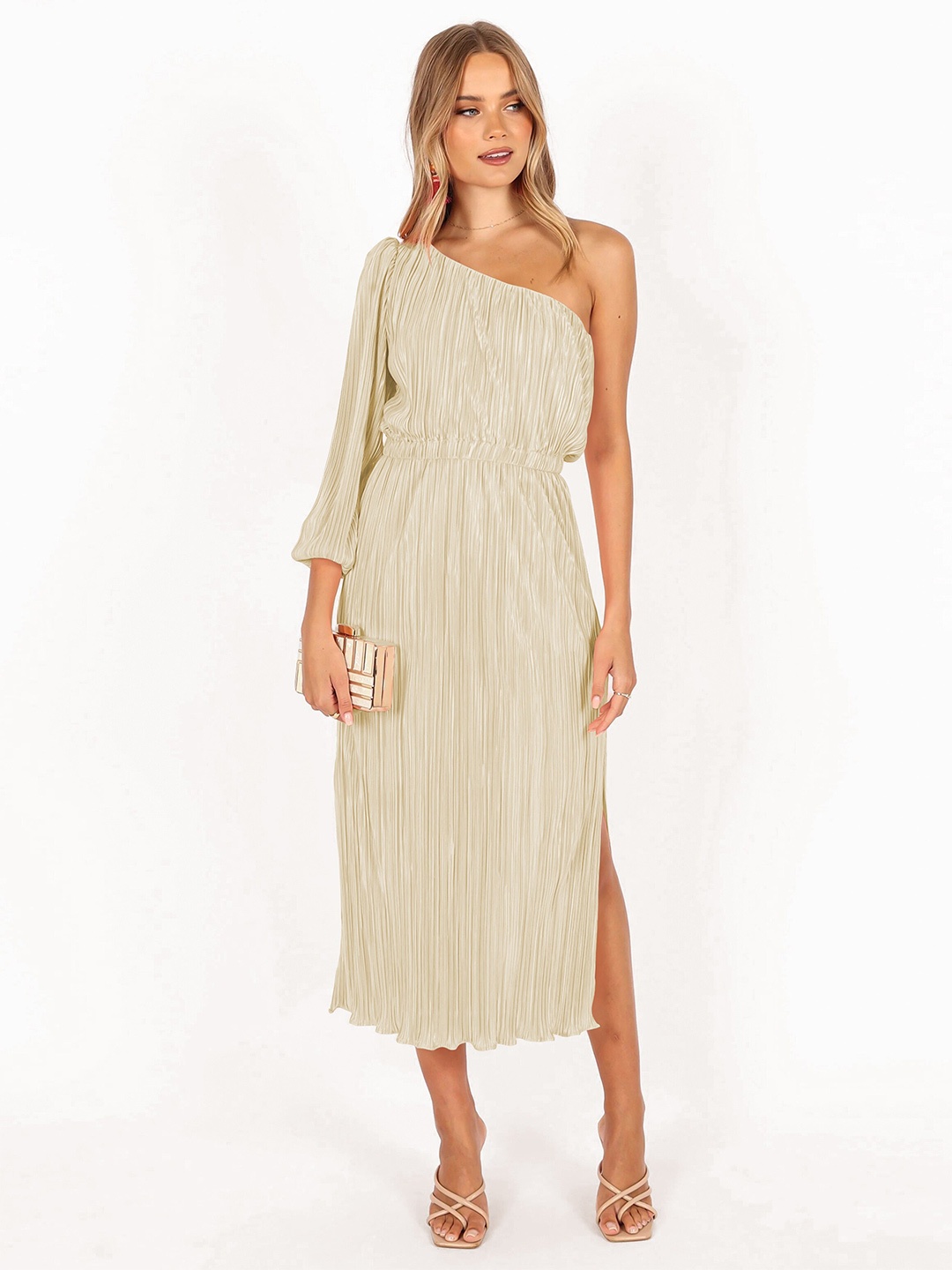 

StyleCast Beige Striped One Shoulder A-Line Midi Dress