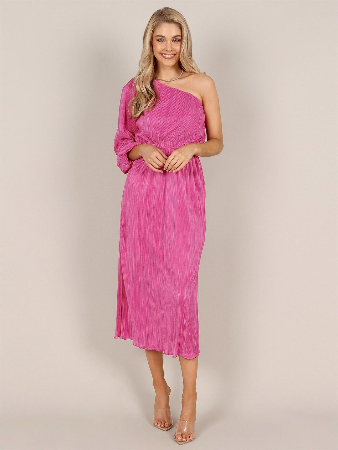 

StyleCast Fuchsia One Shoulder Puff Sleeve Gathered or Pleated Midi Dress