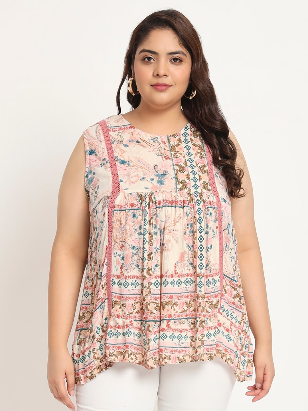 

VELDRESS Plus Size Ethnic Motifs Printed Crepe Top, Pink