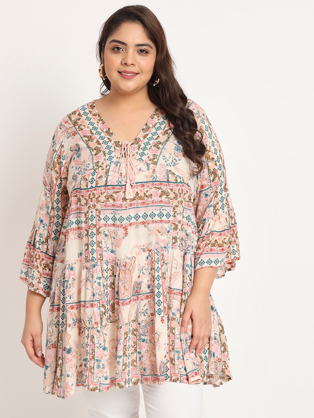 

VELDRESS Plus Size Ethnic Motifs Printed Tunic, Peach