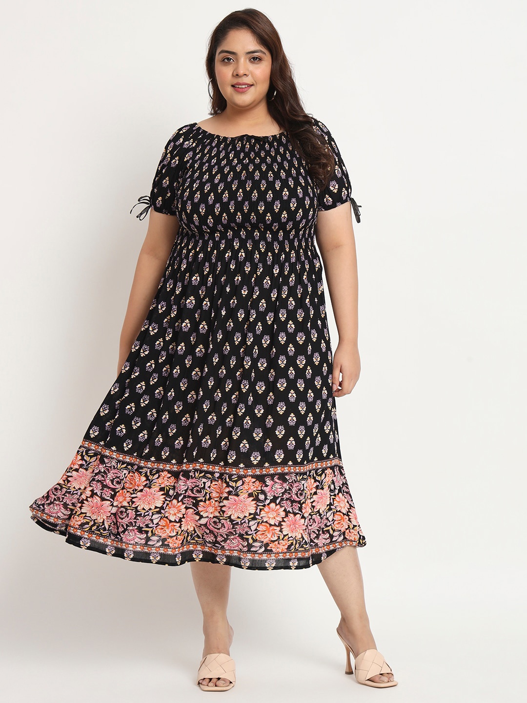 

VELDRESS Plus Size Ethnic Motifs Printed Smocked Fit & Flare Midi Dress, Black
