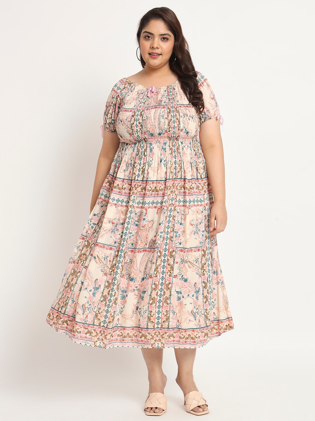 

VELDRESS Plus Size Floral Printed Smocked Fit & Flare Midi Dress, Beige