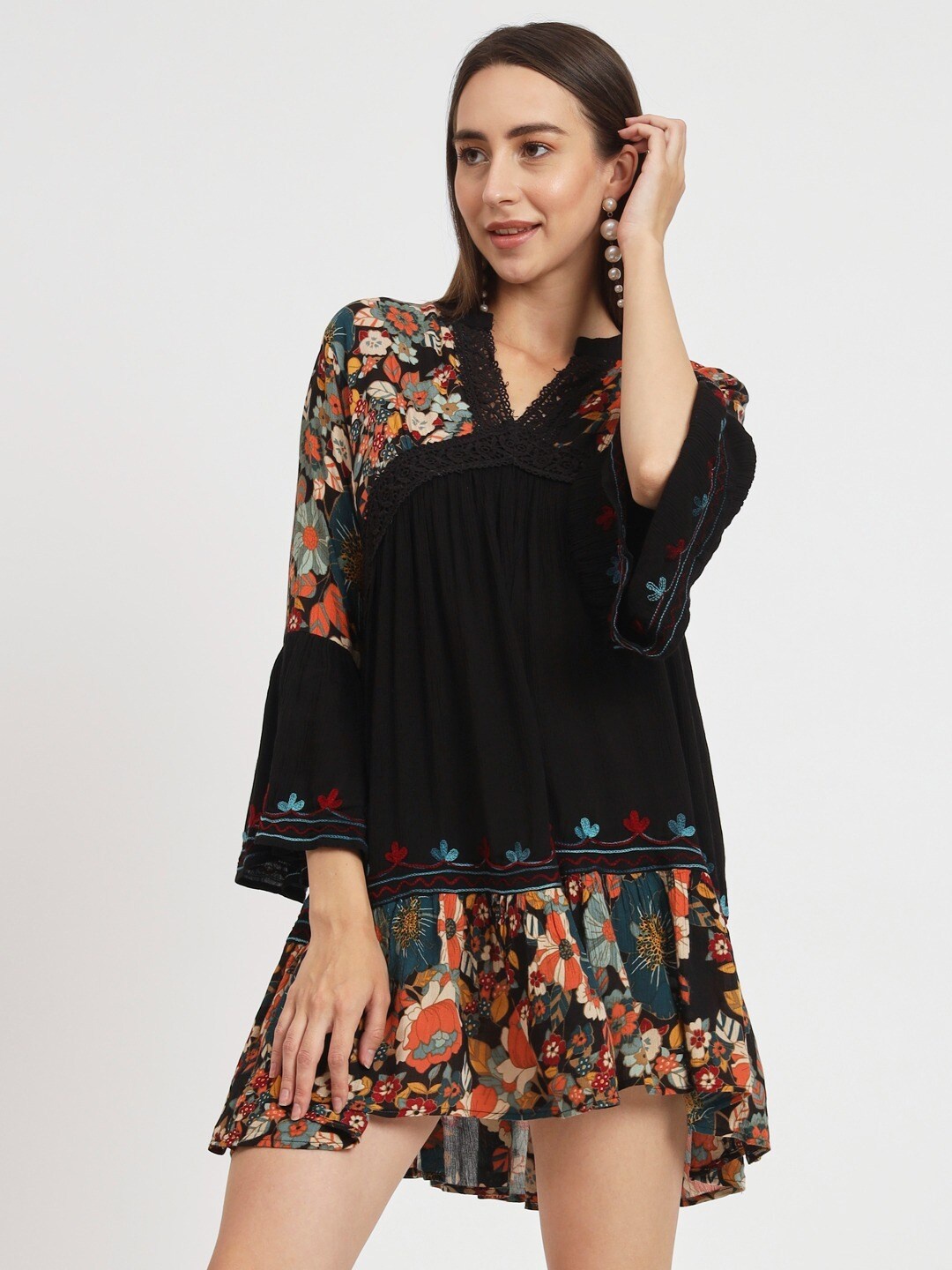 

VELDRESS Floral Printed Lace Detail Empire Mini Dress, Black