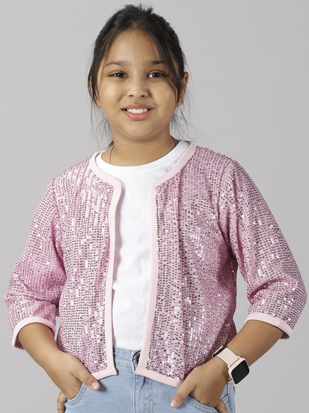 

KiddoPanti Girls Sequin Embellished Open Front Jacket, Pink