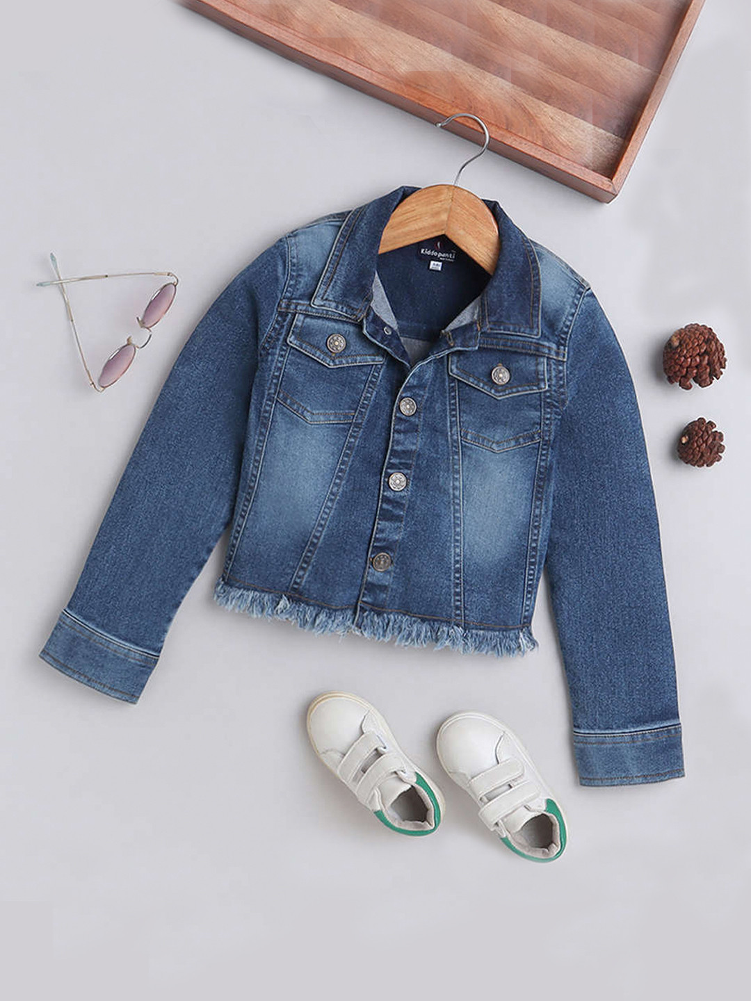 

KiddoPanti Girls Washed Sequined Crop Denim Jacket, Blue