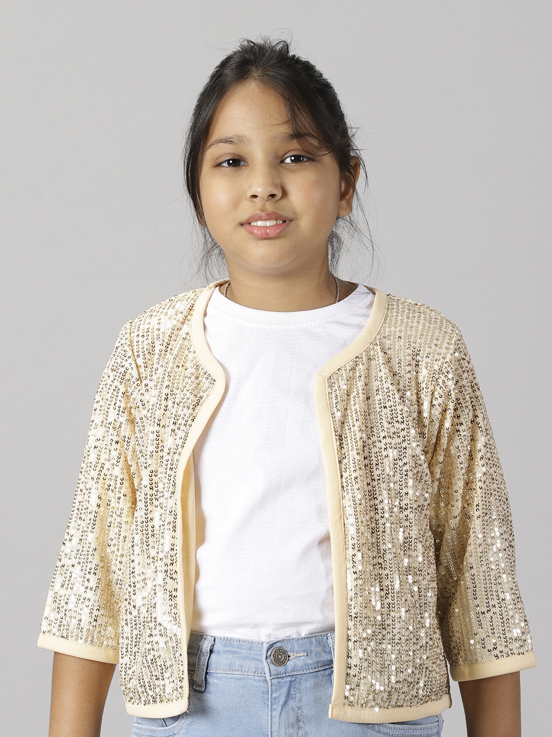 

KiddoPanti Girls Sequin Embellished Open Front Jacket, Cream