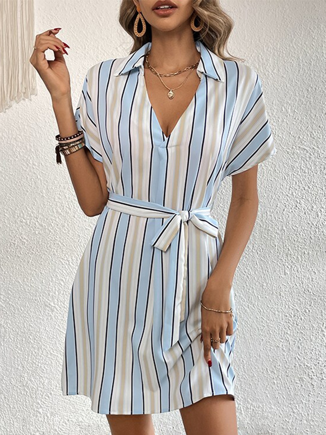 

StyleCast Blue Striped Extended Sleeves Tie-Ups Detail Shirt Mini Dress