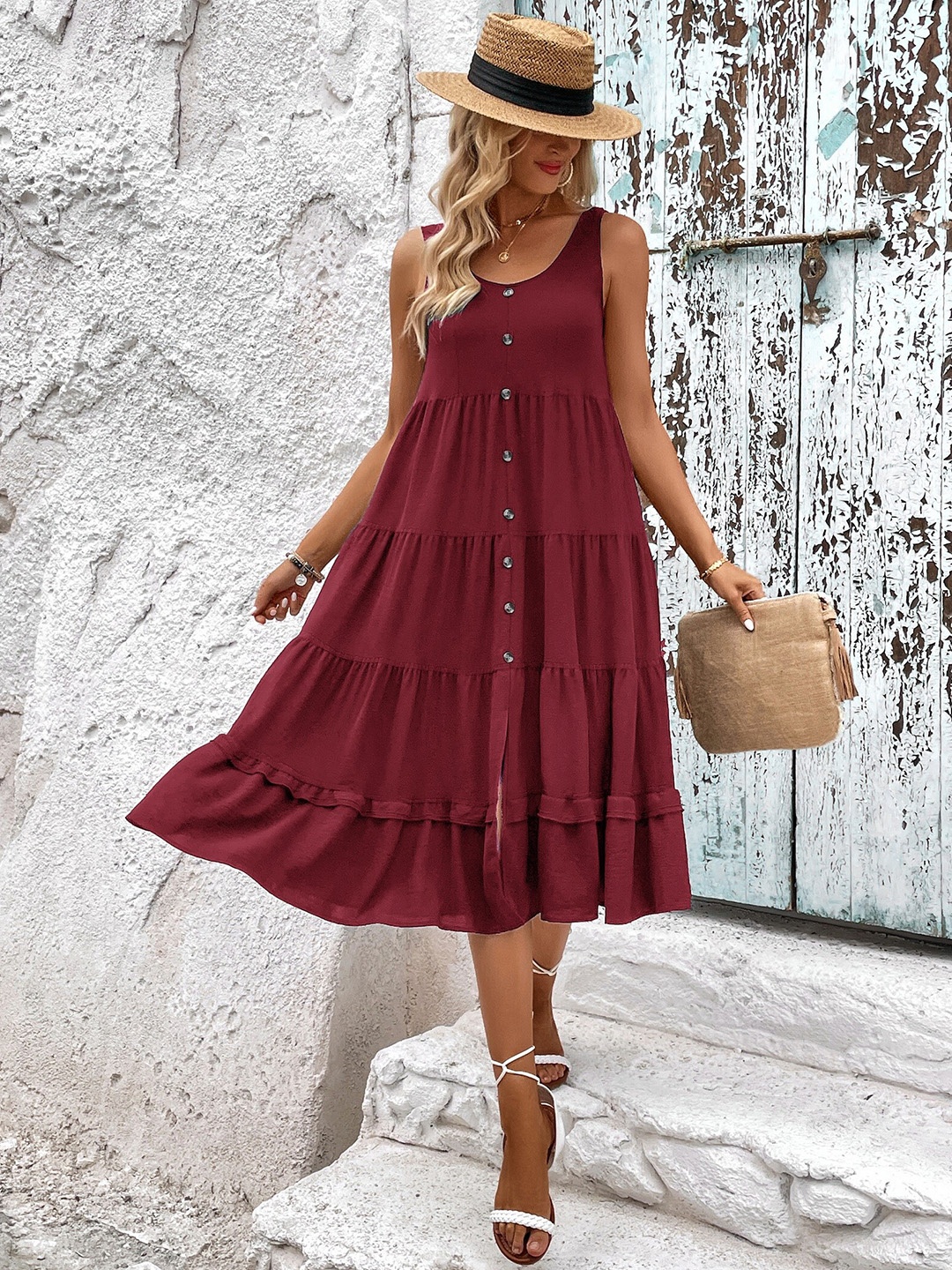 

StyleCast Burgundy Round Neck Tiered A-Line Dress